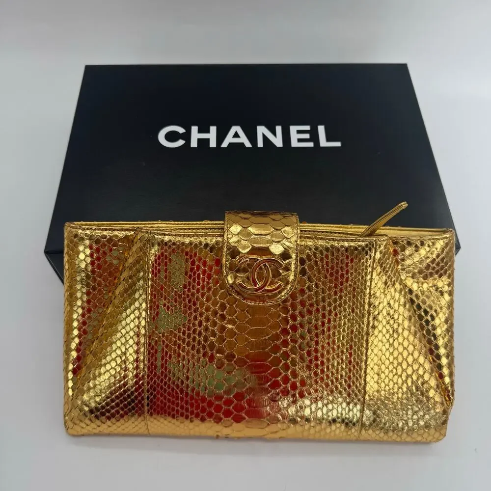 Chanel‎ Gold Metallic Python Clutch Series 19 2014 Full Set Glam